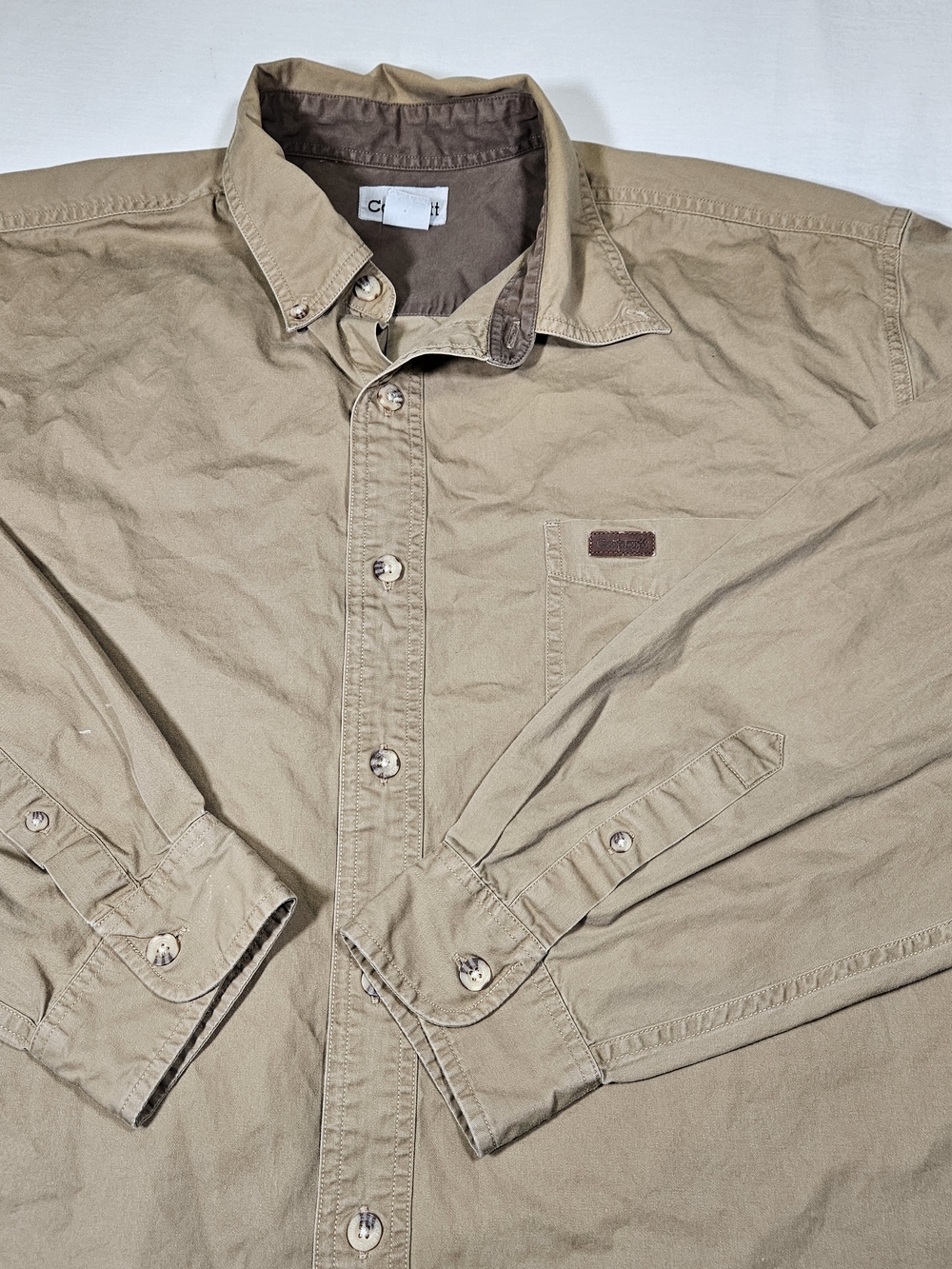 Carhartt S144 DKH Men's XL Long Sleeve Twill Work Shirt Dark Khaki Leather Logo